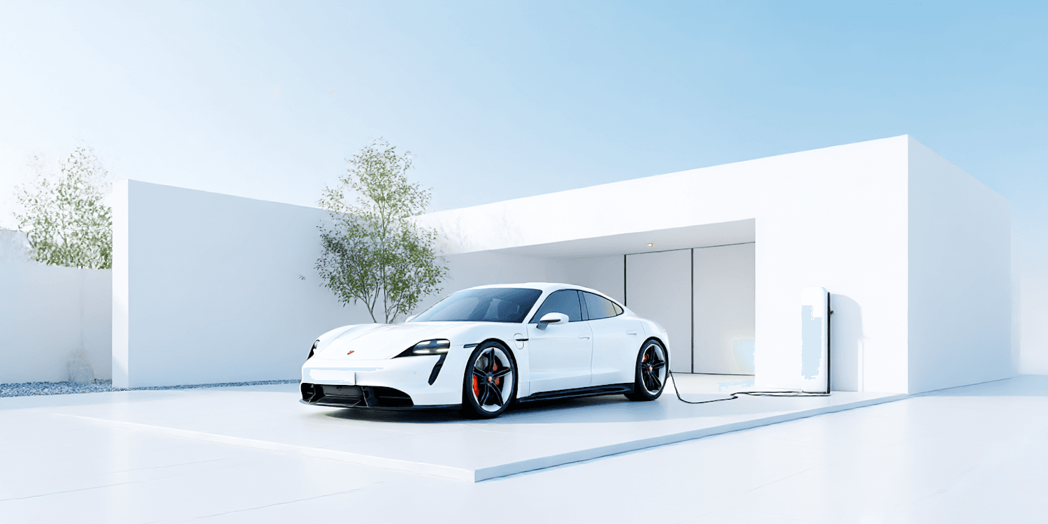 A white electric car connected to a charge point outside a modern building