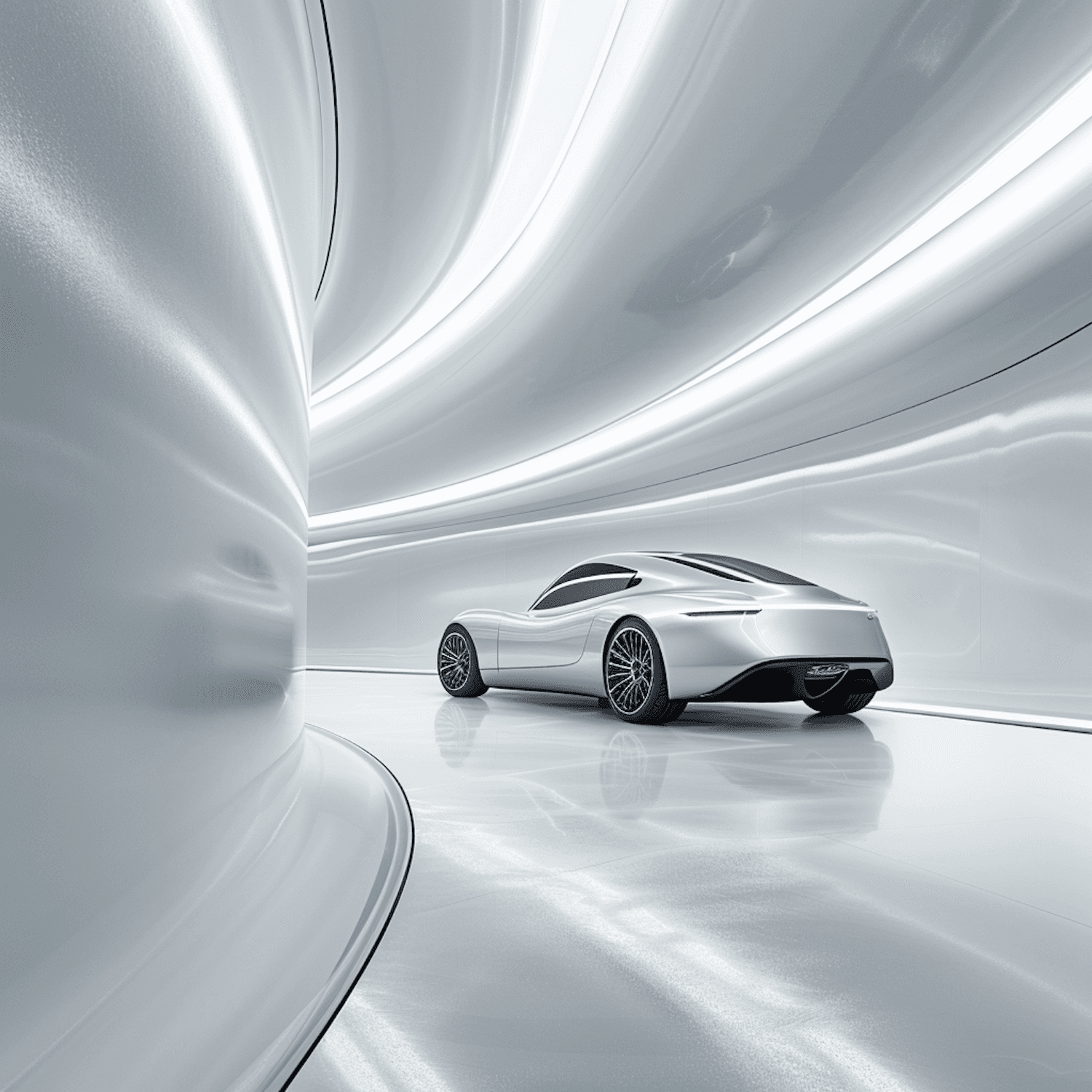 The Xiaomi SU7 electric sport sedan photographed at a low angle inside a curved, reflective tunnel
