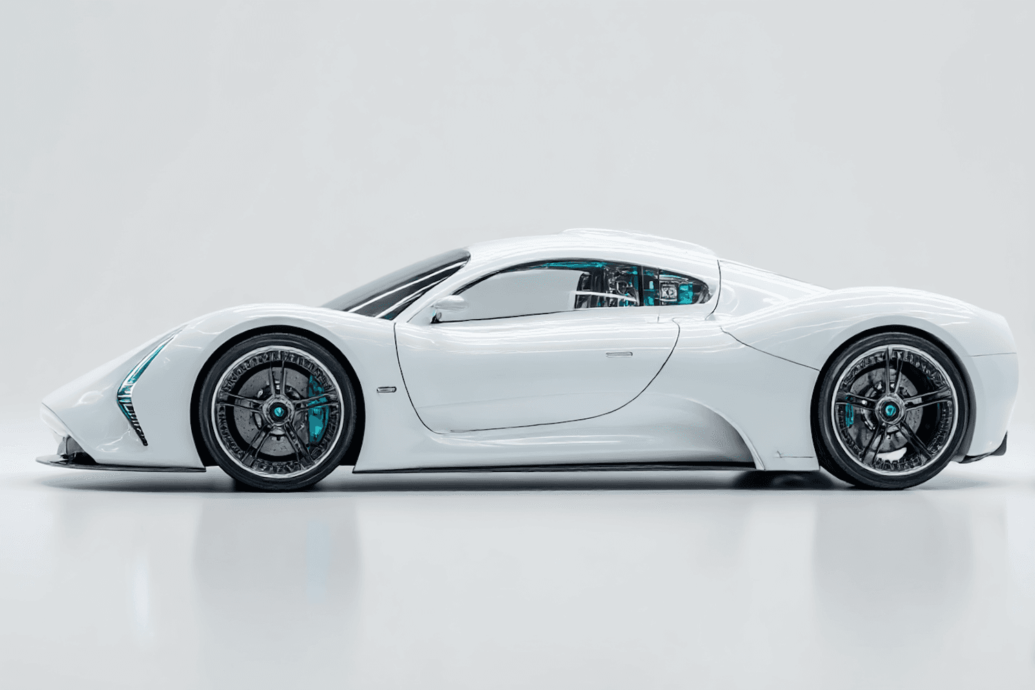 Sport car with aerodynamic alloy wheels finished with blue accents